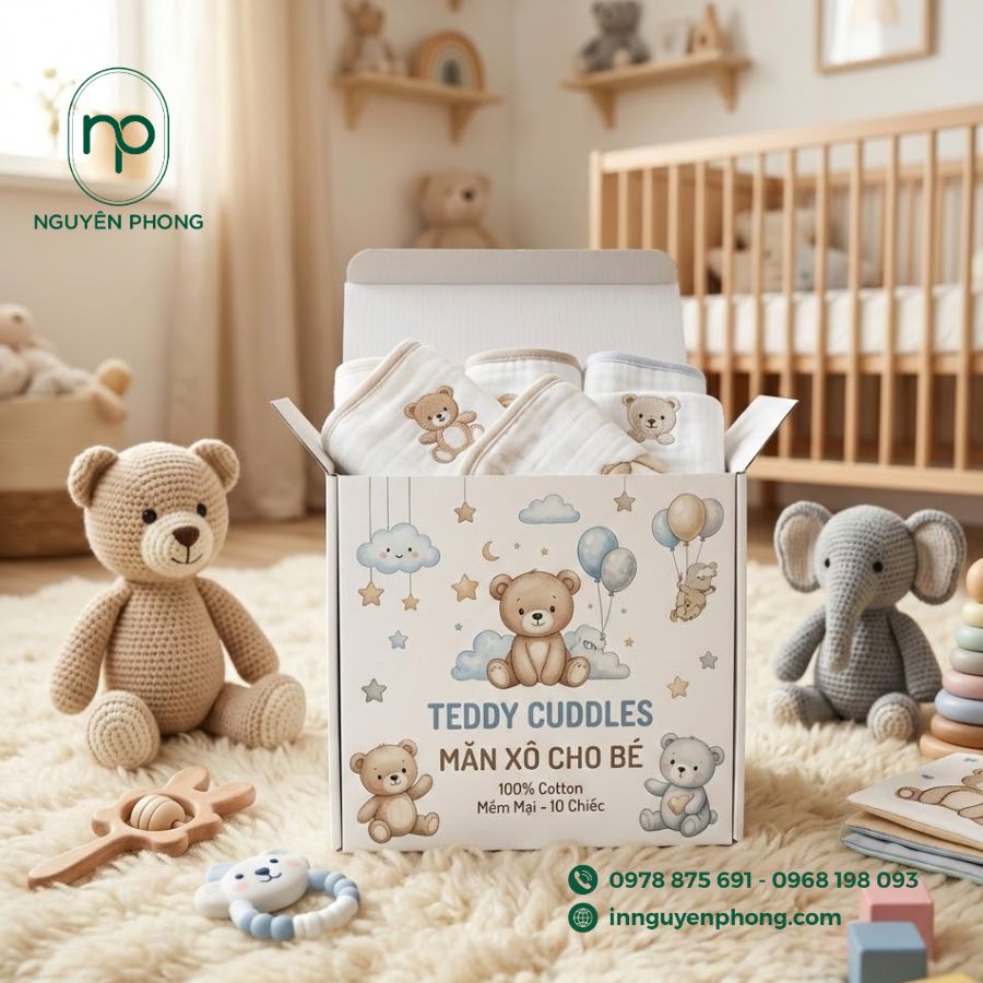 in hộp đựng khăn xô, khăn sữa cho em bé